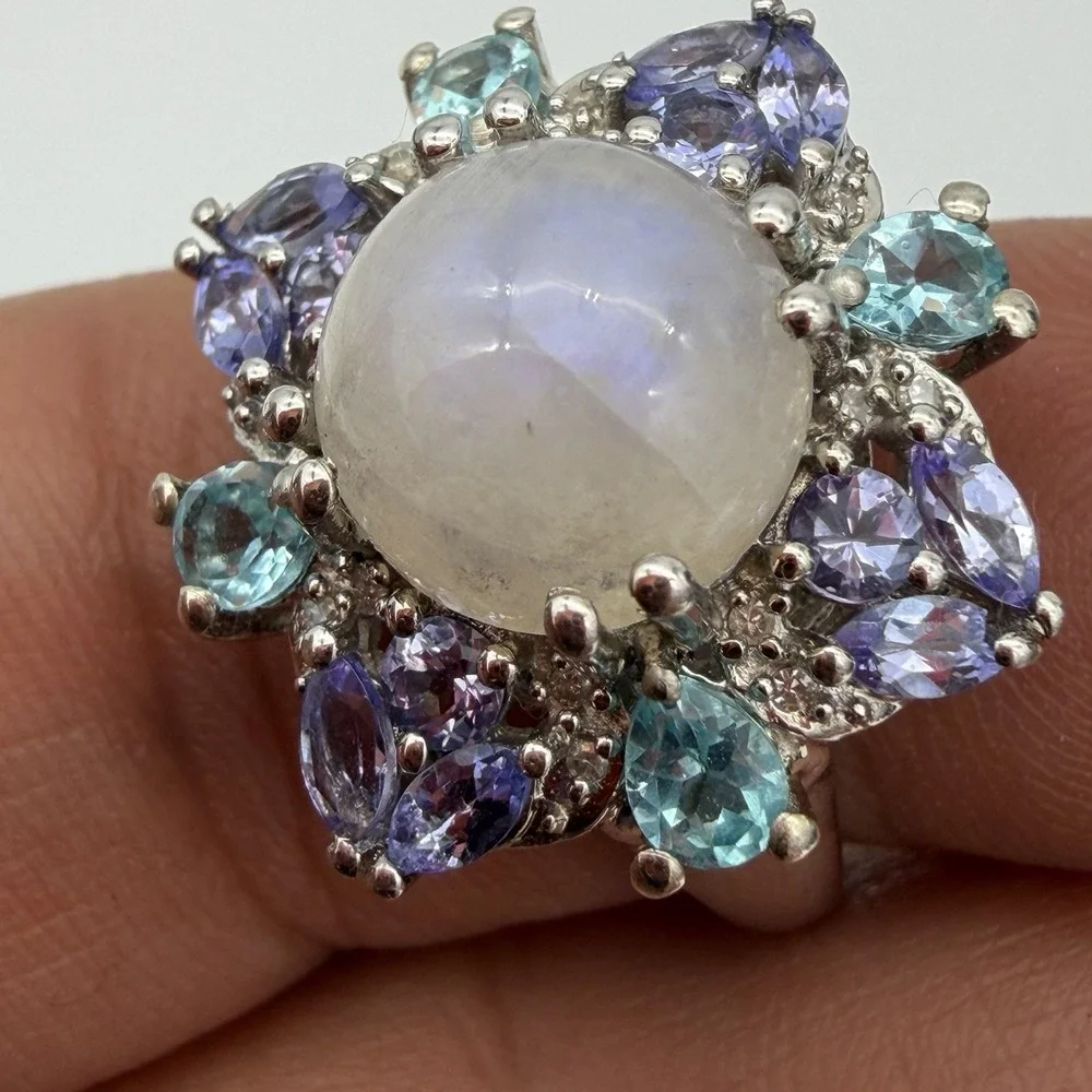 Vtg‎ STS Chuck Clemency Moonstone Multi Gemstone Ring Sterling Silver 6.5 Gr S7